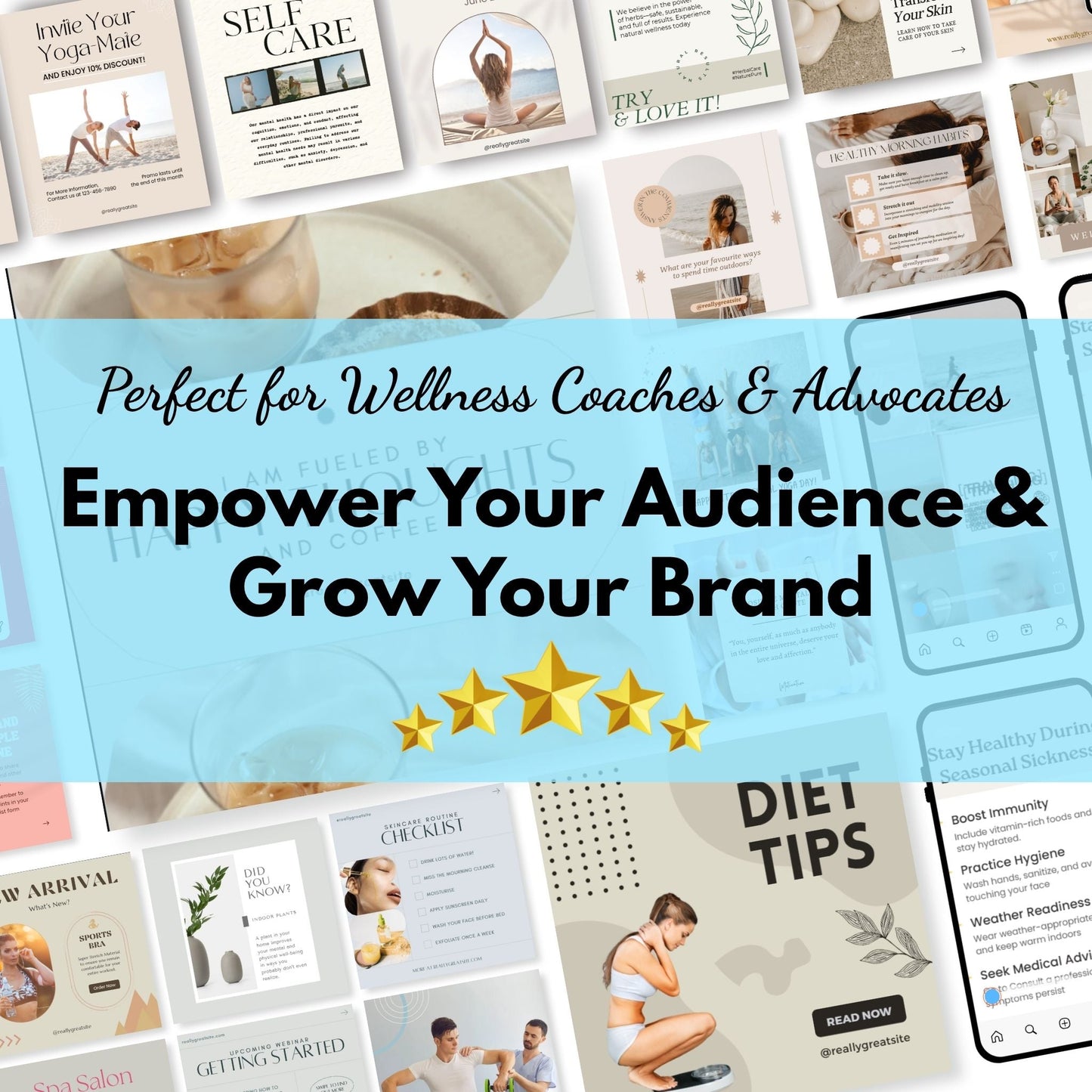 150+ Wellness Mini Kit: Mental Health Canva Templates for Instagram Posts, Reels, Carousels & Highlights | Just Edit & Post!