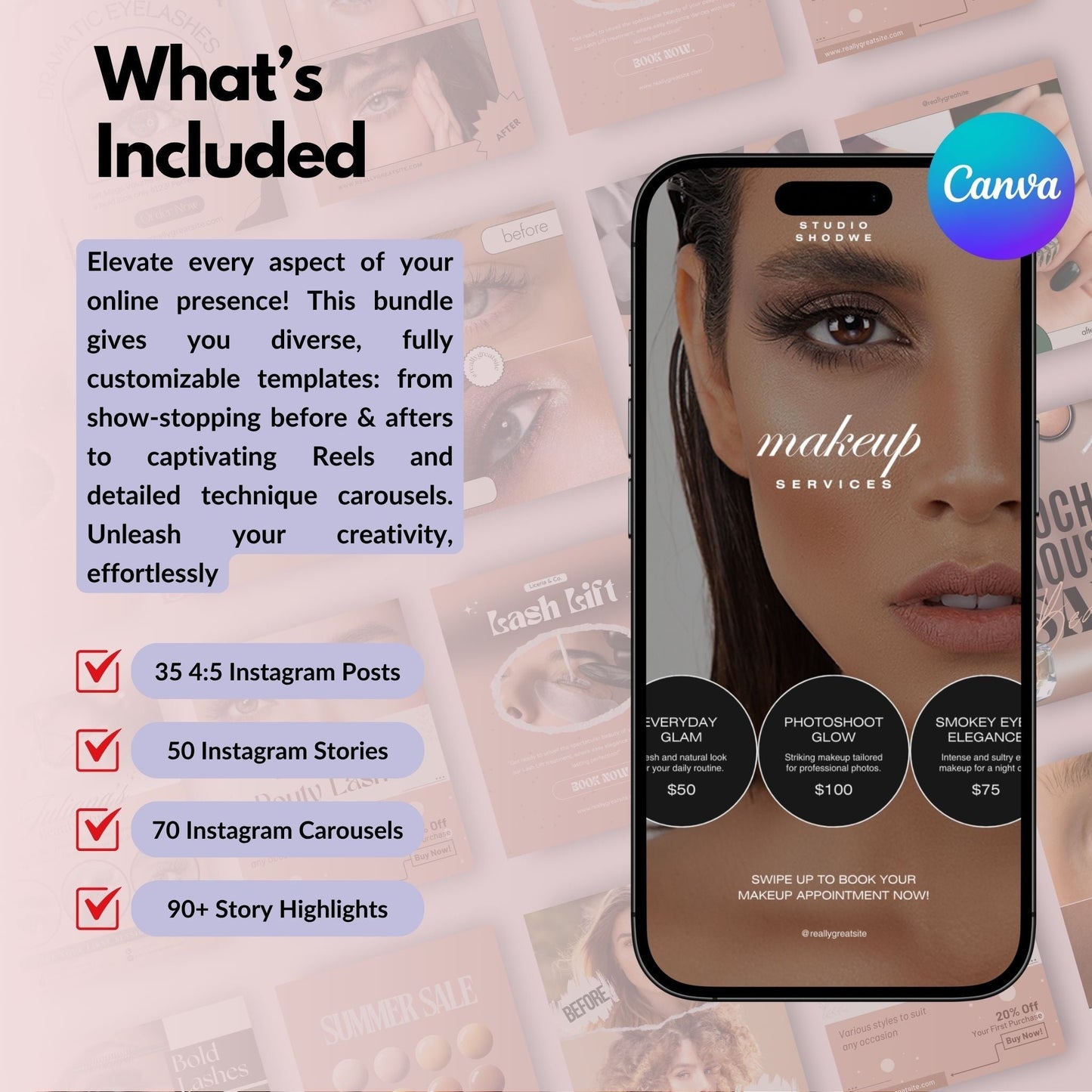 250+ PLR Makeup Artist Instagram Canva Templates | Editable Posts, Stories, Carousels, Highlight Icons, Social Media Content for MUAs 💄